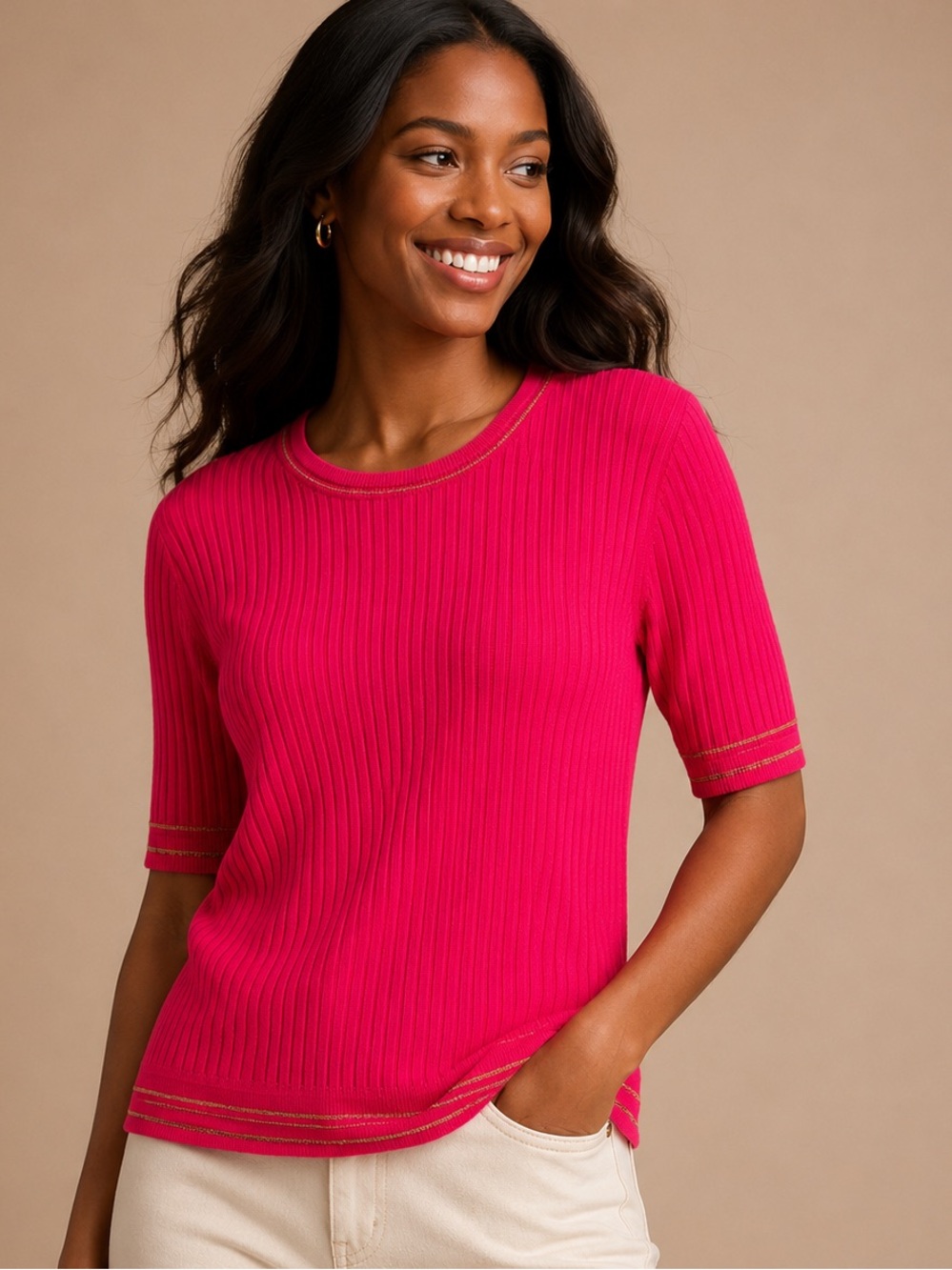 Per Una M&S Raspberry Pink Ribbed Knit Top UK 16 Metallic Trim Dopamine Dressing